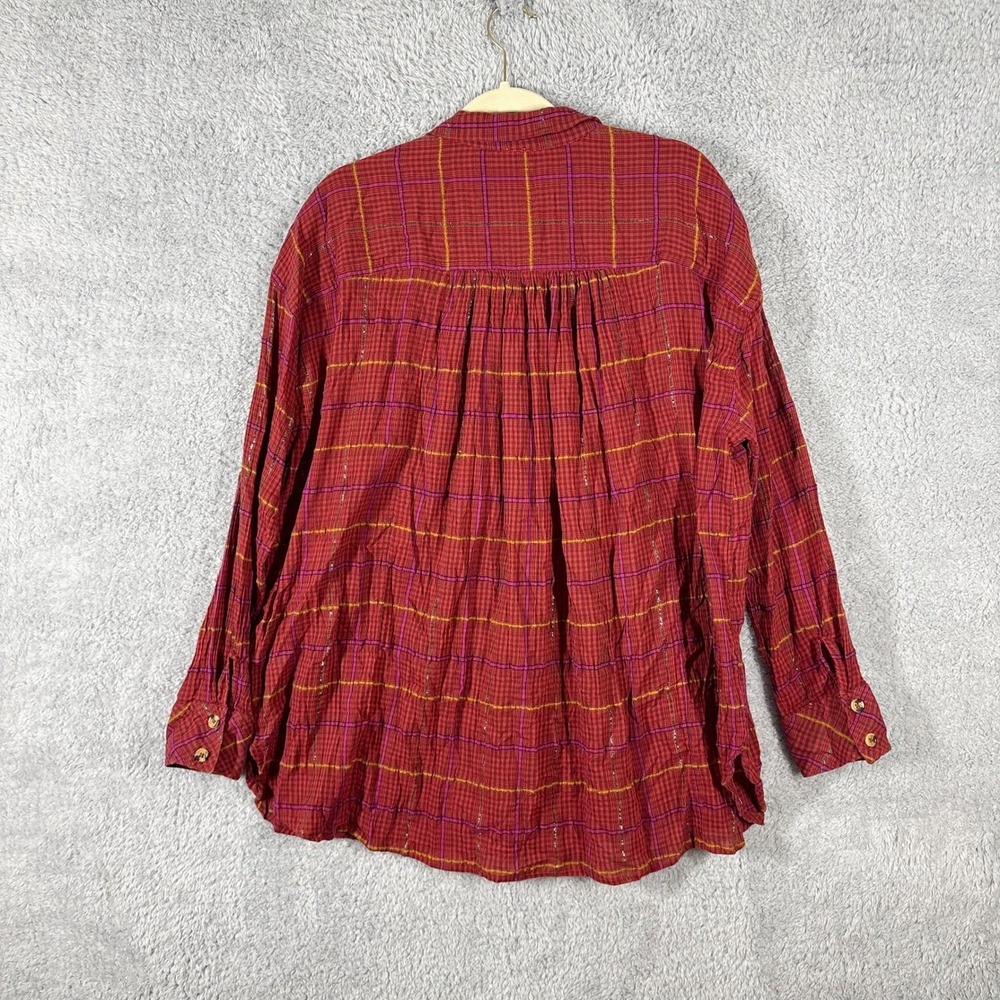 Free People Break My Stride Button Down Top Size L Red Plaid Metallic Stripe - Picture 8 of 8